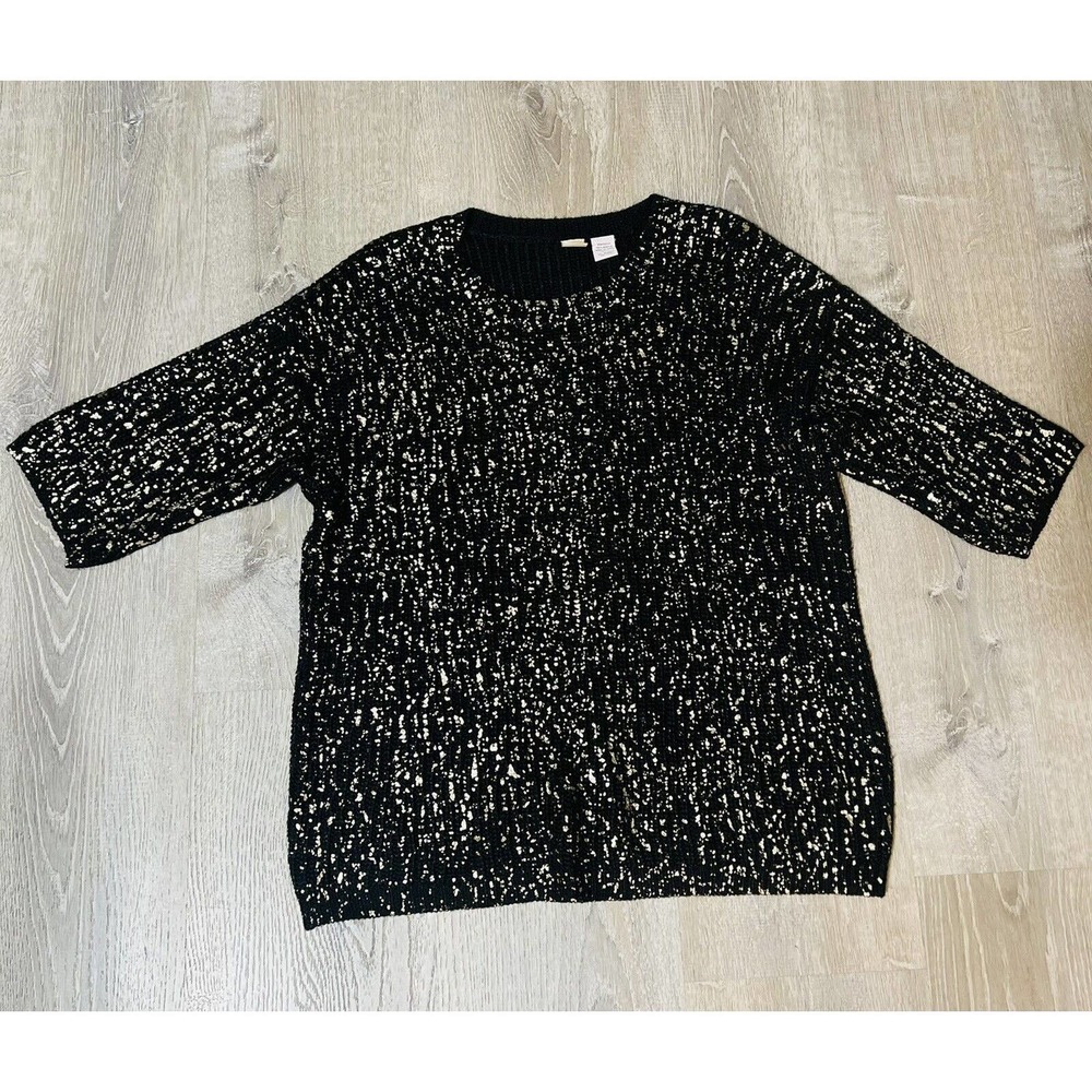 Women’s Twisted Angels Sweater Size L Black And Gold Party Short Sleeve EUC